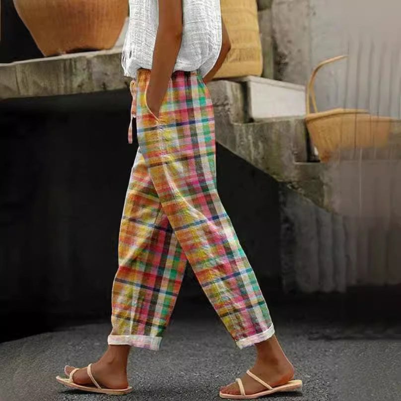 Yasmin Linen Trousers with Drawstring Waist and Checked