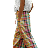Yasmin Linen Trousers with Drawstring Waist and Checked