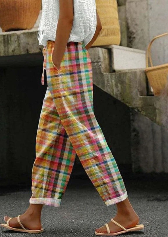 Yasmin Linen Trousers with Drawstring Waist and Checked in Multicolour