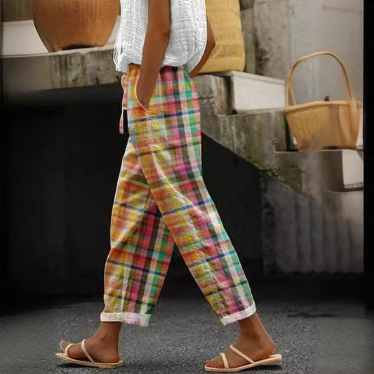 Yasmin Linen Trousers with Drawstring Waist and Checked