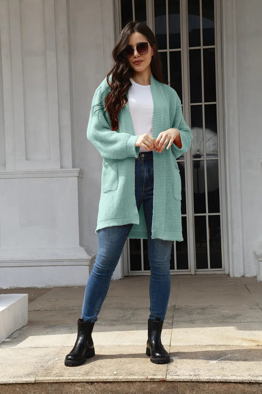 Yvette Casual Knit Cardigan with Pockets in Blue