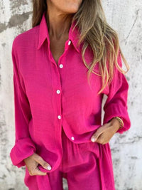 Yvette Casual Linen Blouse with Long Sleeve in Magenta