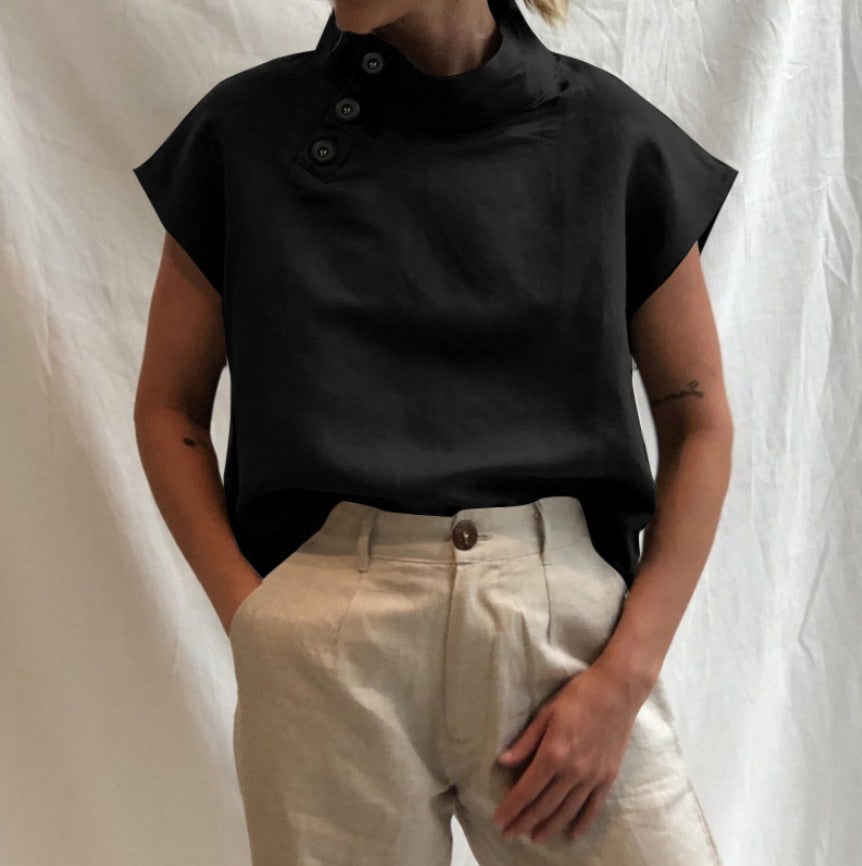 Yvette Comfortable Top with Stand Collar and Short Sleeve in Black