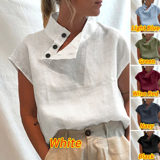 Yvette Comfortable Top with Stand Collar and Short Sleeve