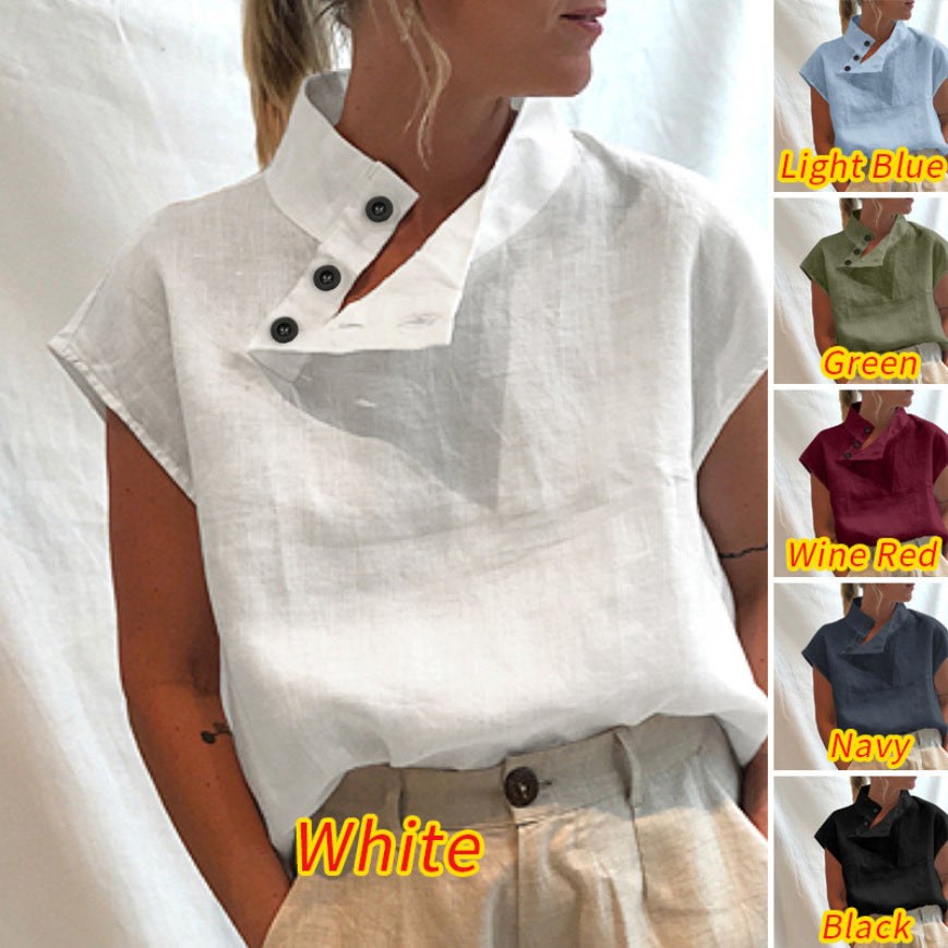 Yvette Comfortable Top with Stand Collar and Short Sleeve