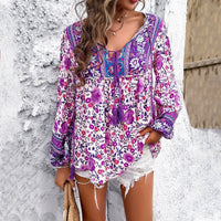 Zadie Women's Boho Floral Long Sleeve Tunic Blouse in Purple