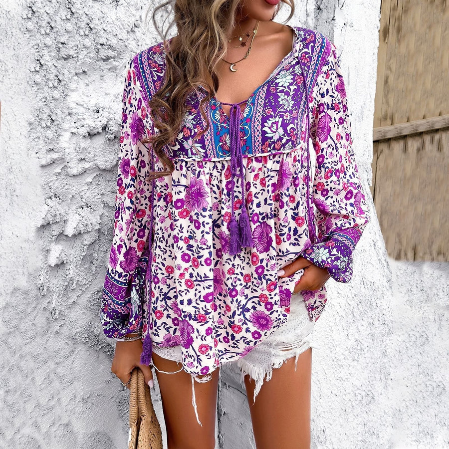 Zadie Women's Boho Floral Long Sleeve Tunic Blouse in Purple