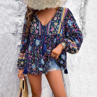 Zadie Women's Boho Floral Long Sleeve Tunic Blouse in Red
