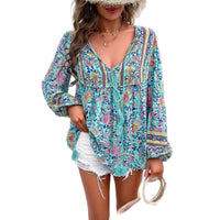 Zadie Women's Boho Floral Long Sleeve Tunic Blouse in Red