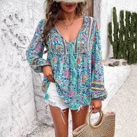 Zadie Women's Boho Floral Long Sleeve Tunic Blouse in Red