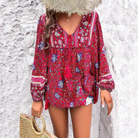 Zadie Women's Boho Floral Long Sleeve Tunic Blouse in Red