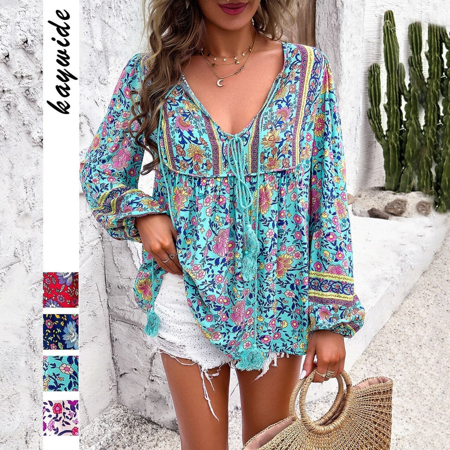 Zadie Women's Boho Floral Long Sleeve Tunic Blouse