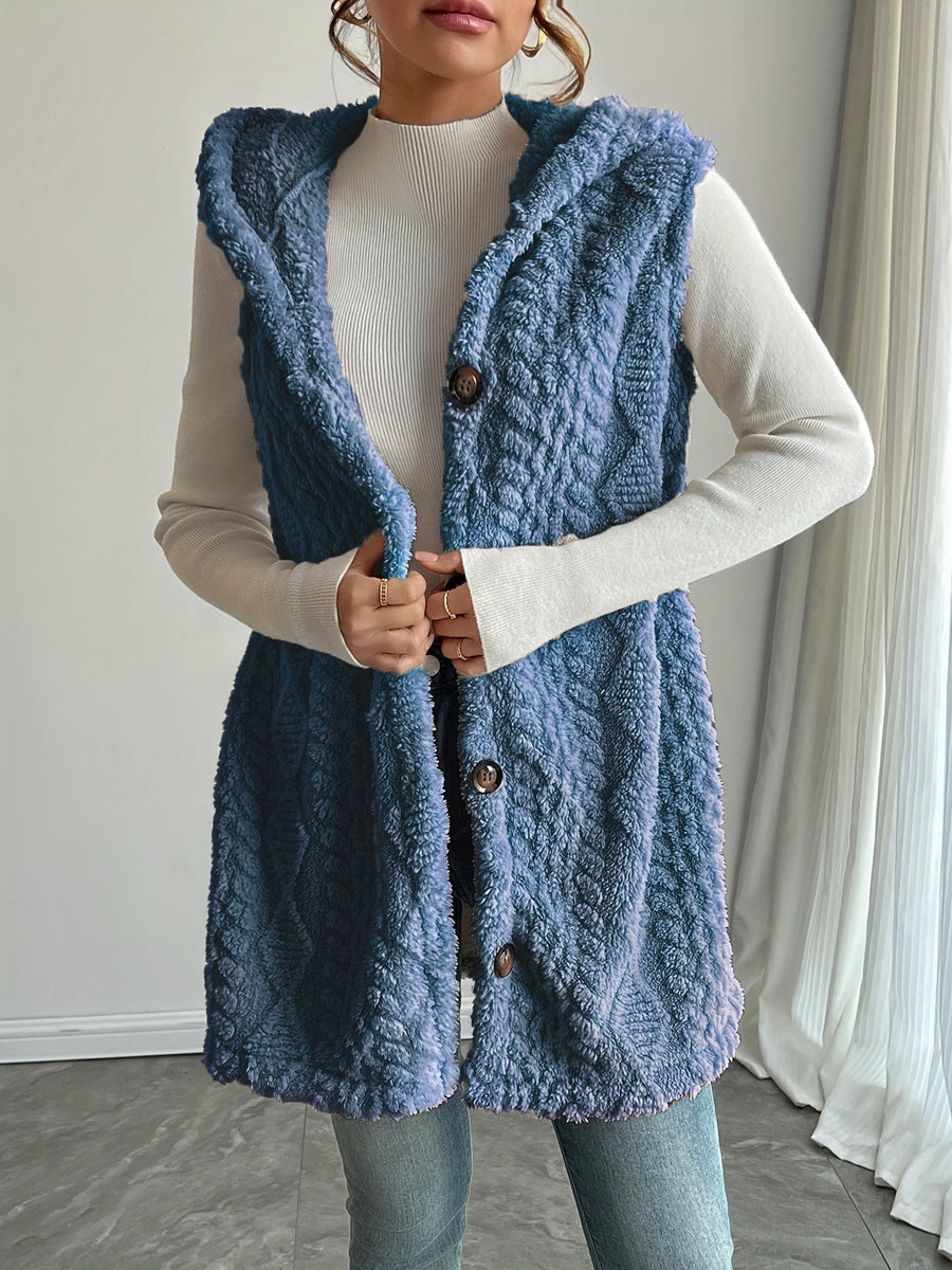 Zara Vest with Button Front and Hood in Haze Blue