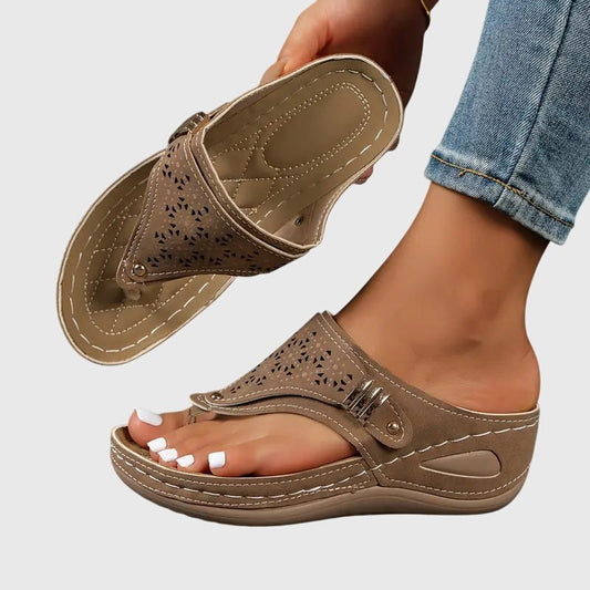 Zara Women's Embroidered Wedge Thong Sandals Slip-On in Brown