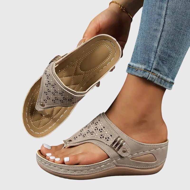 Zara Women's Embroidered Wedge Thong Sandals Slip-On in Khaki