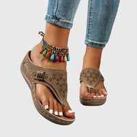 Zara Women's Embroidered Wedge Thong Sandals Slip-On in Khaki