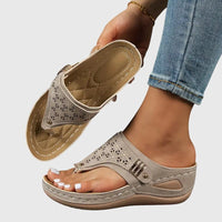 Zara Women's Embroidered Wedge Thong Sandals Slip-On in Khaki