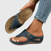 Zara Women's Embroidered Wedge Thong Sandals Slip-On in Navy