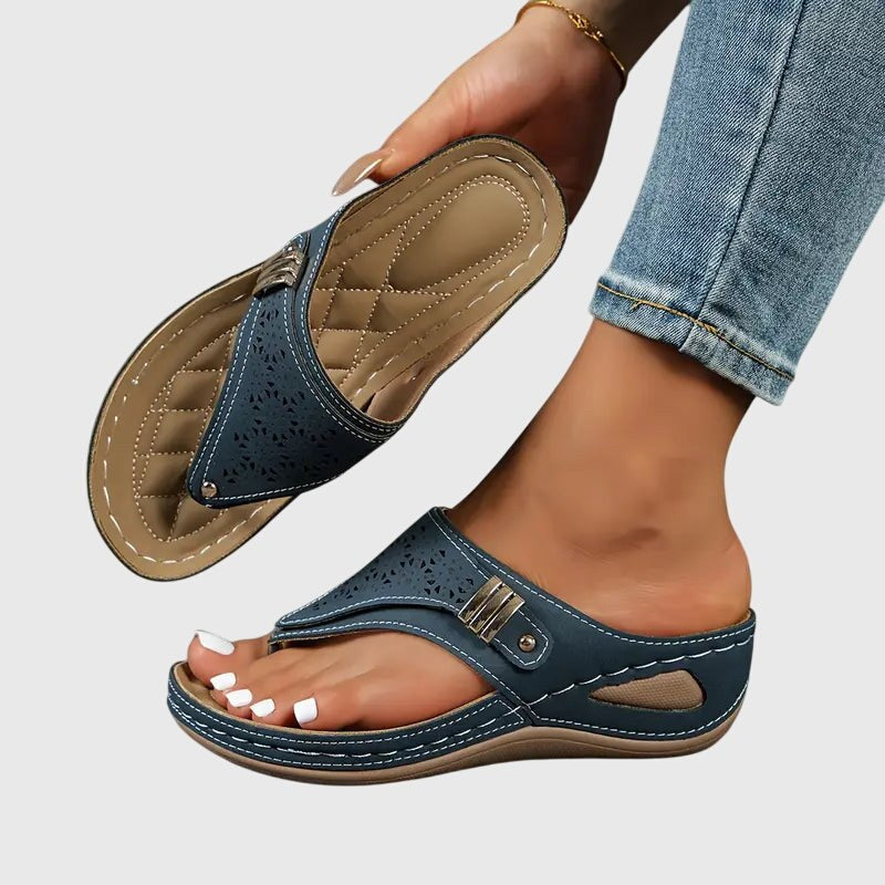 Zara Women's Embroidered Wedge Thong Sandals Slip-On in Navy