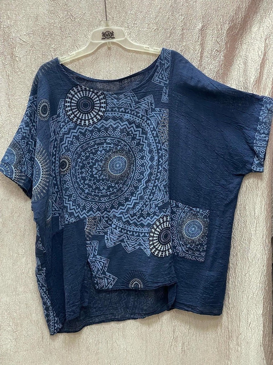 Zara Women's Mandala Print Short Sleeve Wide Leg Trouser Set in Blue