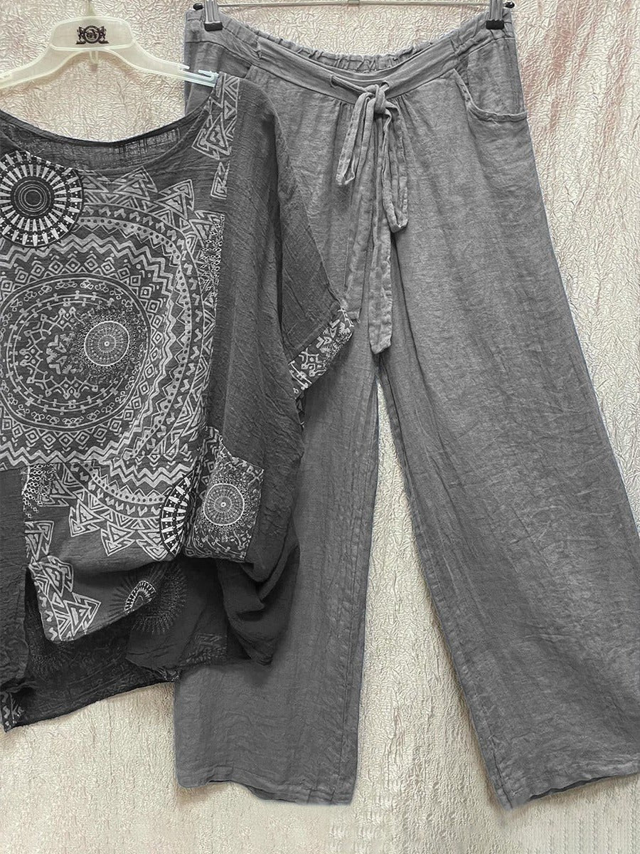 Zara Women's Mandala Print Short Sleeve Wide Leg Trouser Set in Grey