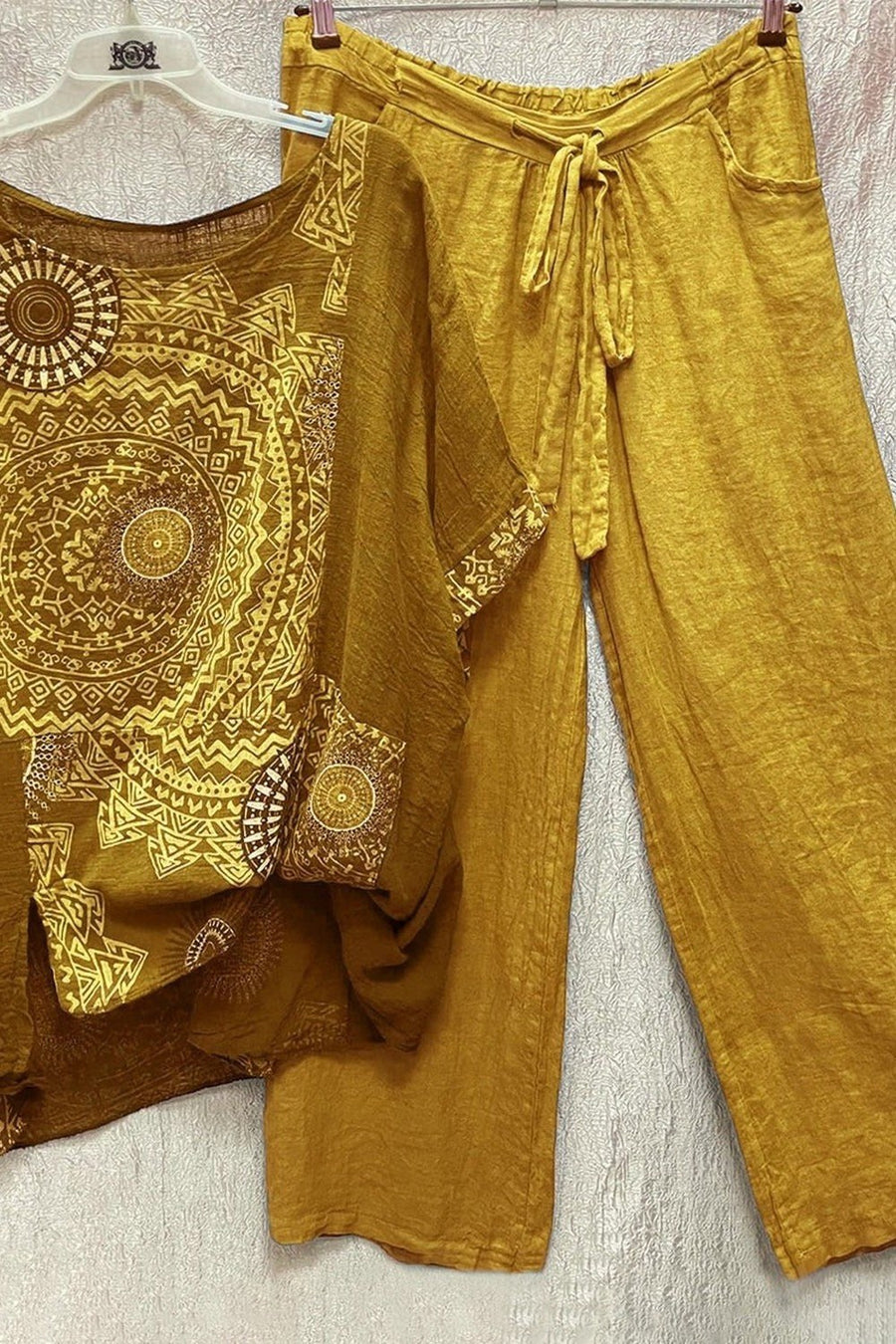 Zara Women's Mandala Print Short Sleeve Wide Leg Trouser Set in Yellow