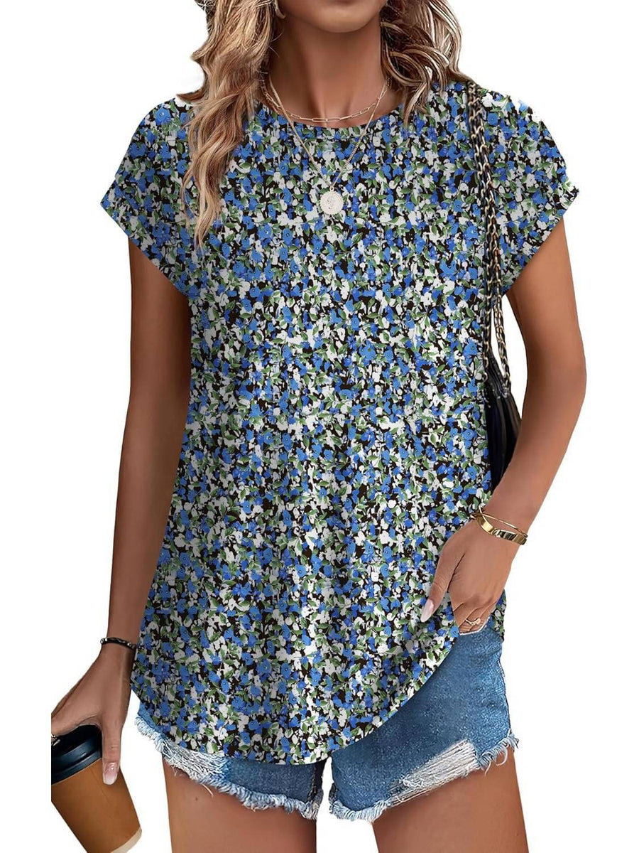 Zara Women's Printed Short Sleeve Blouse Floral Casual Top in Blue floral