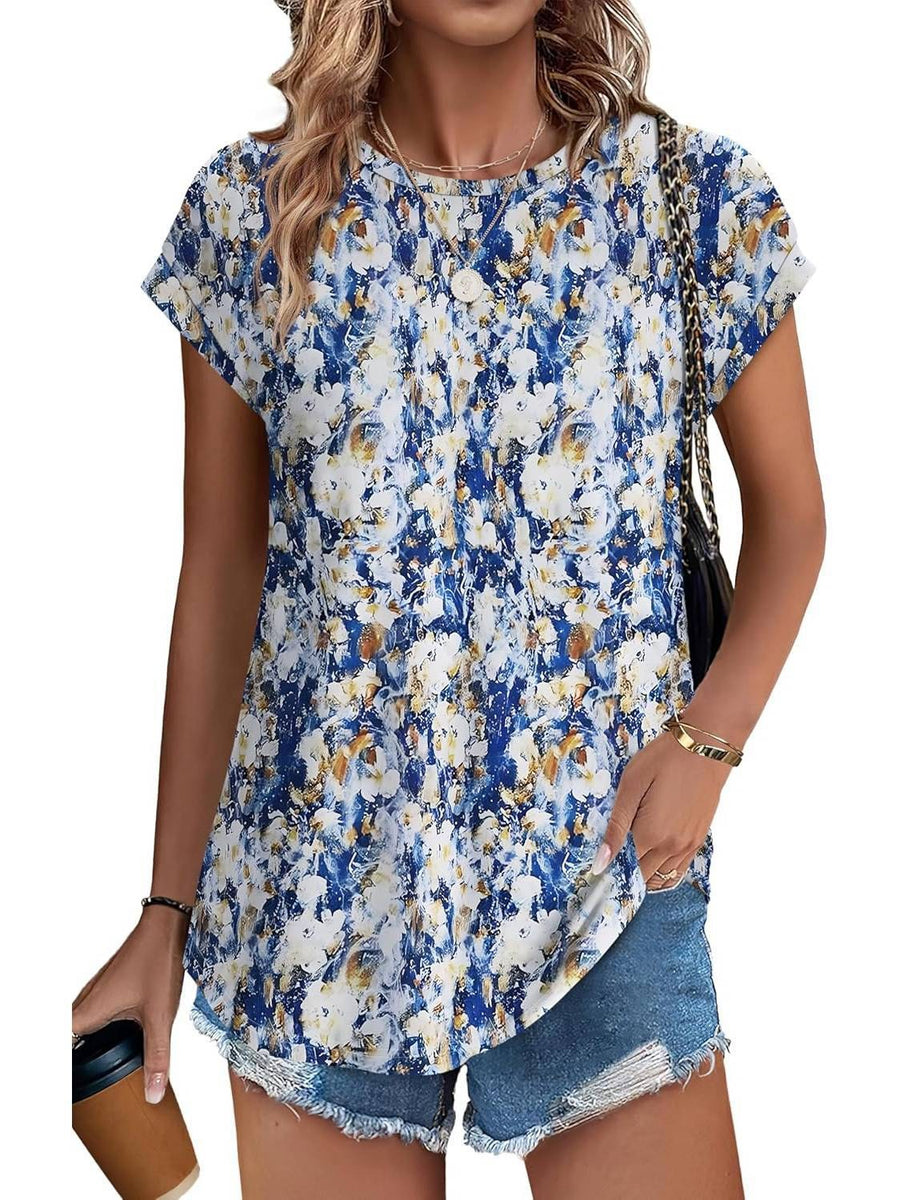 Zara Women's Printed Short Sleeve Blouse Floral Casual Top in Blue yellow print