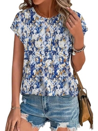 Zara Women's Printed Short Sleeve Blouse Floral Casual Top in Blue yellow print