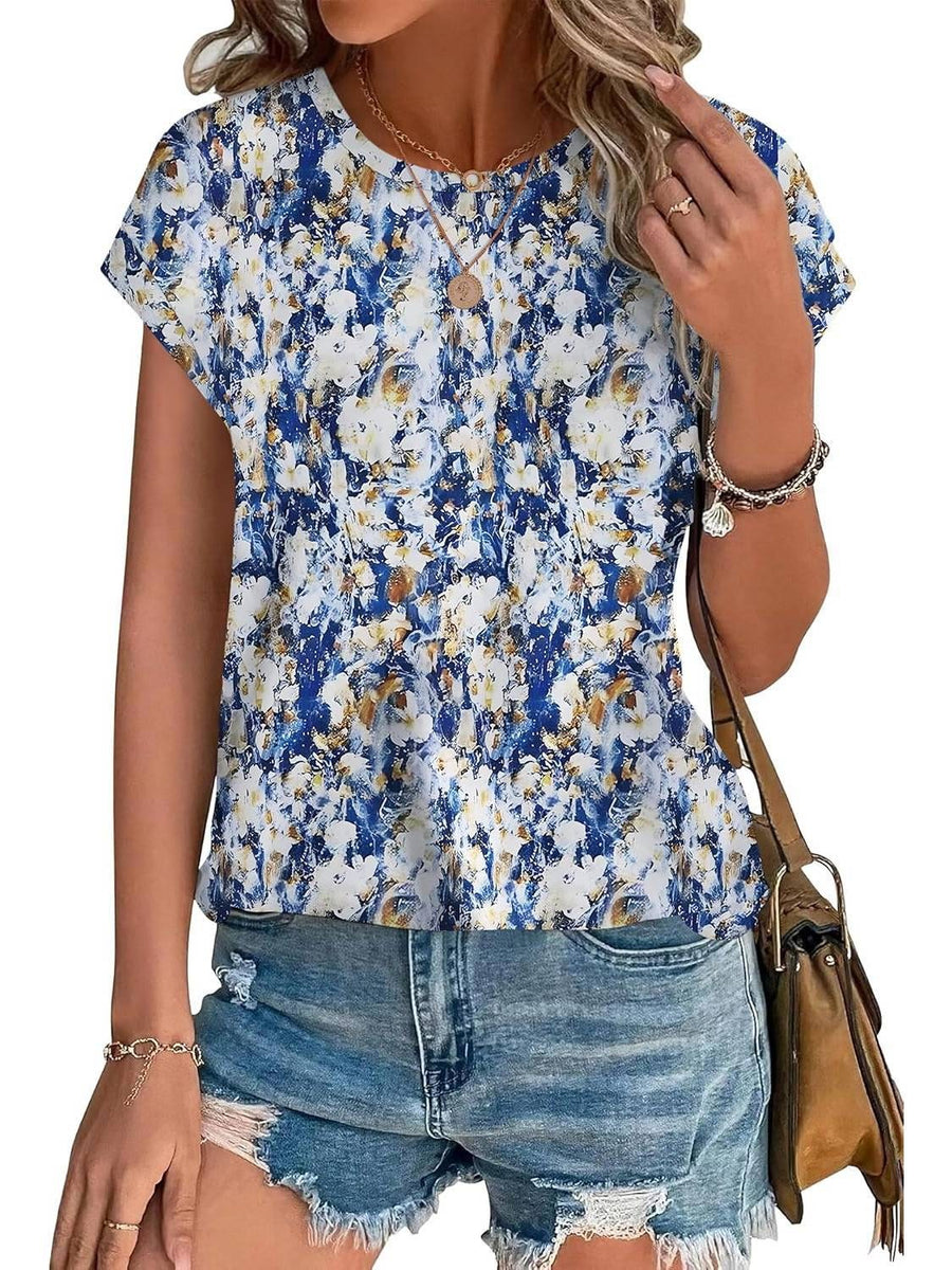 Zara Women's Printed Short Sleeve Blouse Floral Casual Top in Blue yellow print