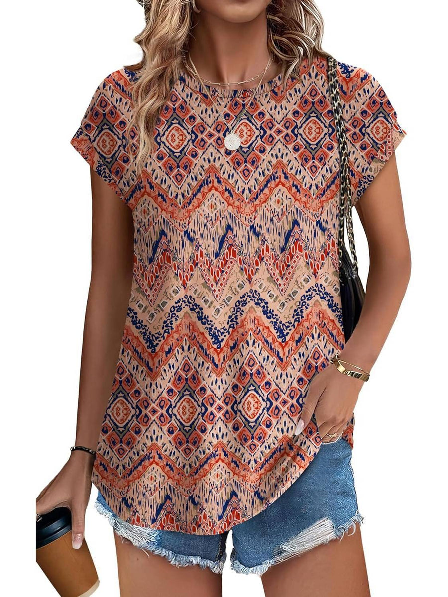 Zara Women's Printed Short Sleeve Blouse Floral Casual Top in Boho print