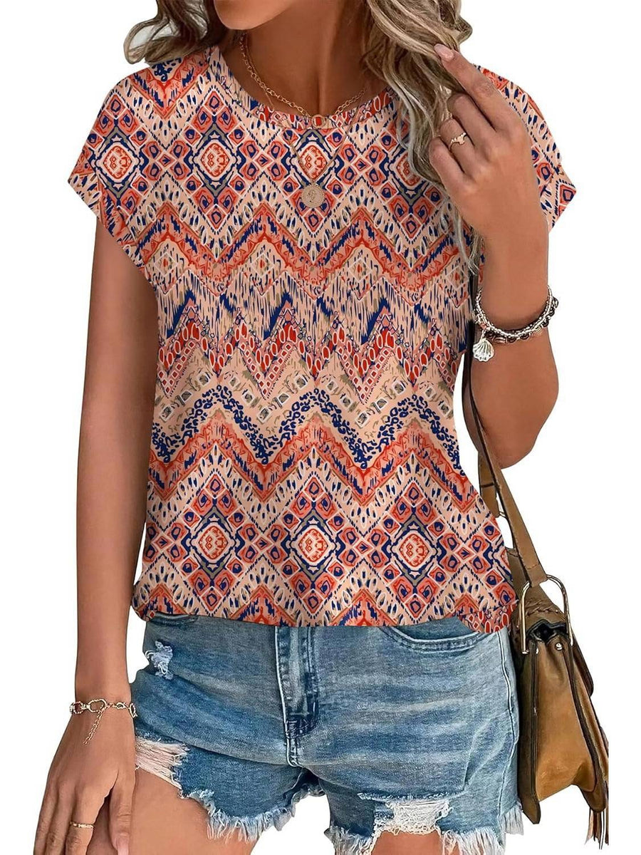 Zara Women's Printed Short Sleeve Blouse Floral Casual Top in Boho print
