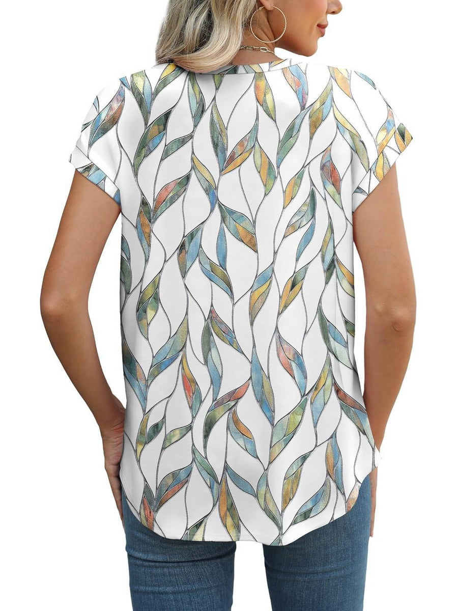 Zara Women's Printed Short Sleeve Blouse Floral Casual Top in Colourful leaf