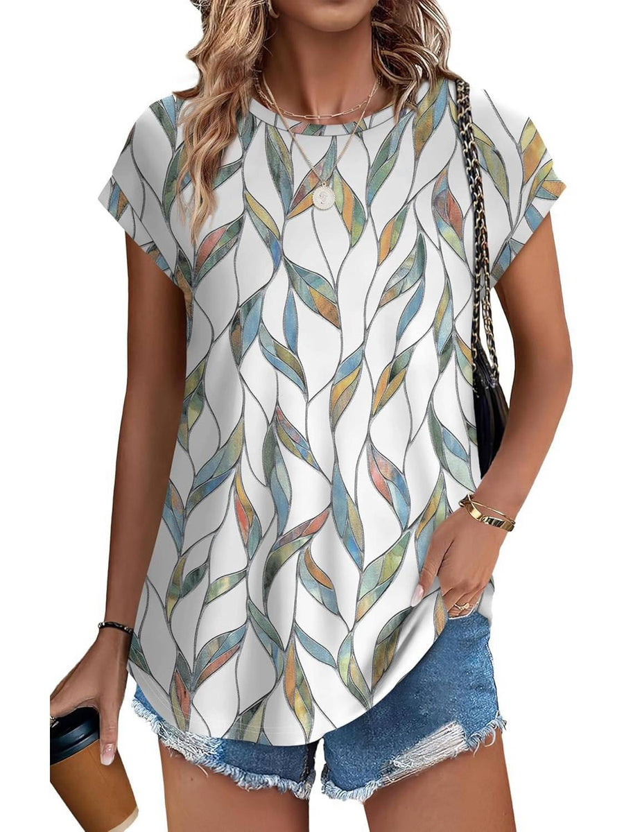 Zara Women's Printed Short Sleeve Blouse Floral Casual Top in Colourful leaf