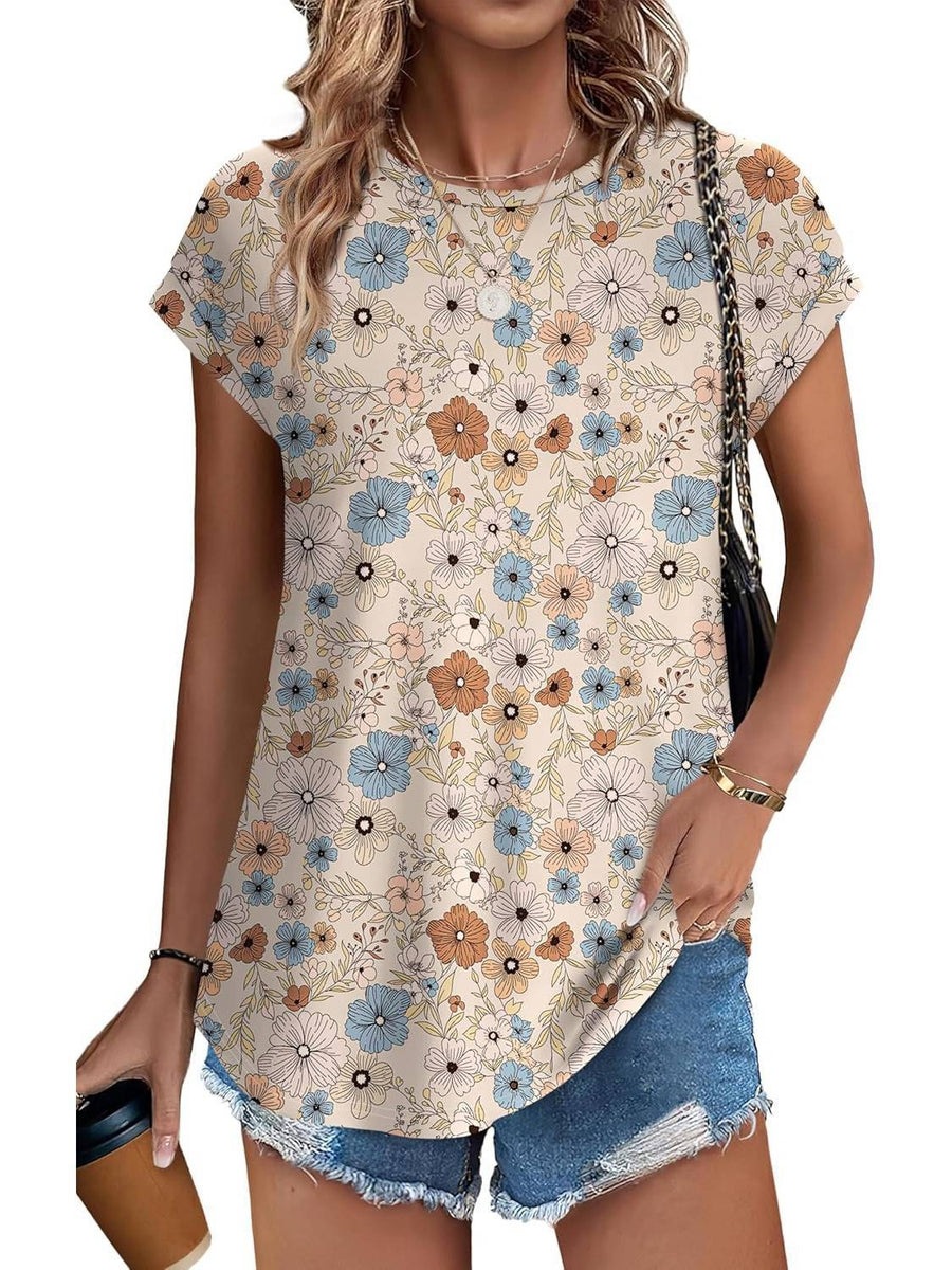 Zara Women's Printed Short Sleeve Blouse Floral Casual Top in Pink blue flower