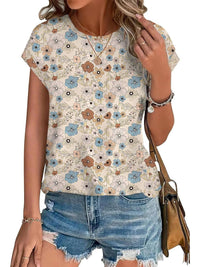 Zara Women's Printed Short Sleeve Blouse Floral Casual Top in Pink blue flower