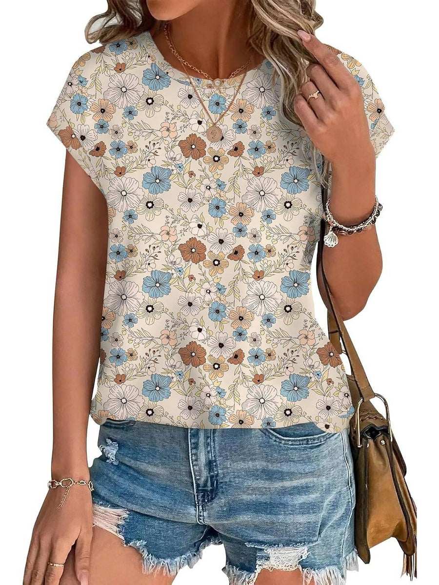 Zara Women's Printed Short Sleeve Blouse Floral Casual Top in Pink blue flower