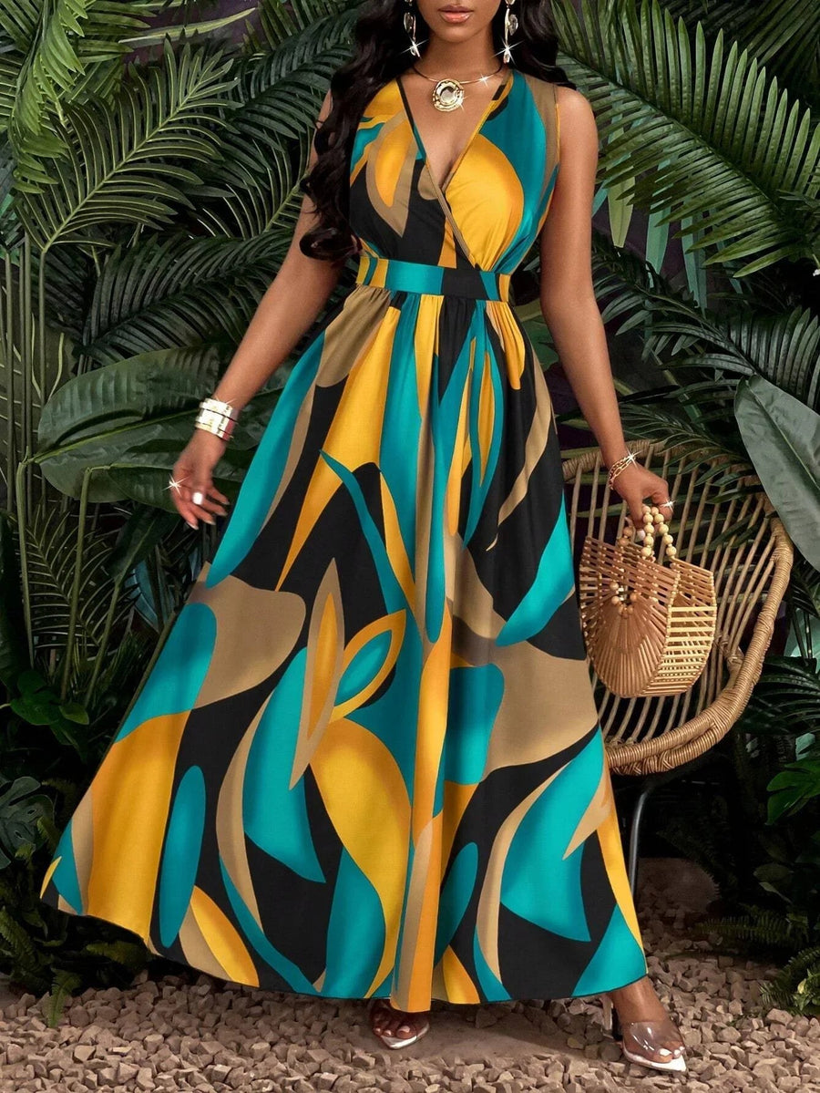 Zara Women's V-Neck Sleeveless Belted Maxi Dress Printed