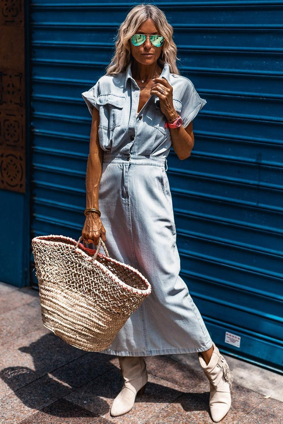 Zaylee™ Elegant Denim Dress in Light Blue