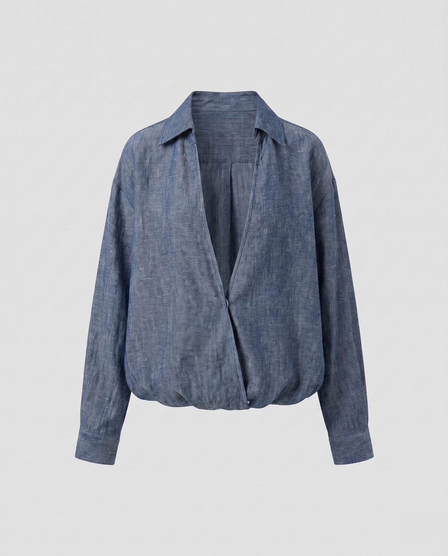 Zelda Casual Linen Blouse with Button Front in Denim Blue