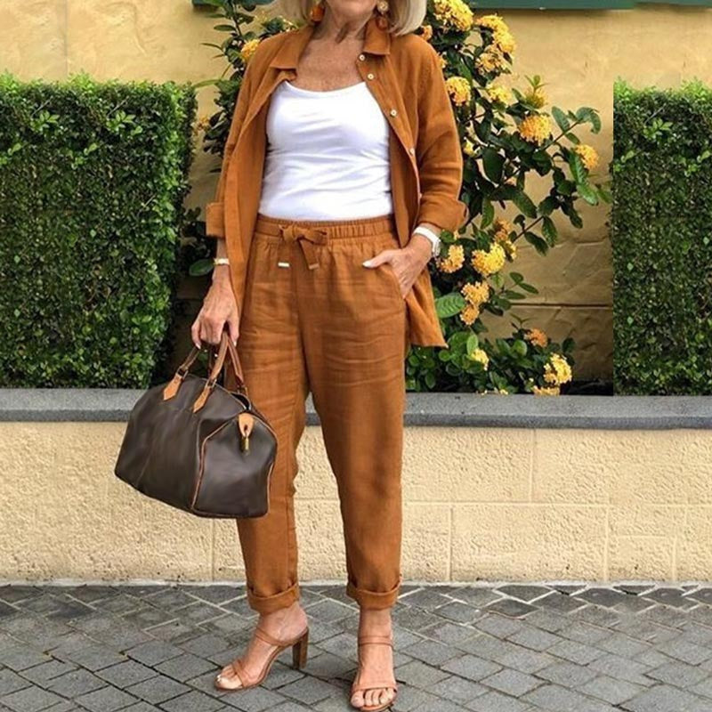 Zélie Women's Linen Two-Piece Set Button Shirt & Drawstring Trousers in Brown