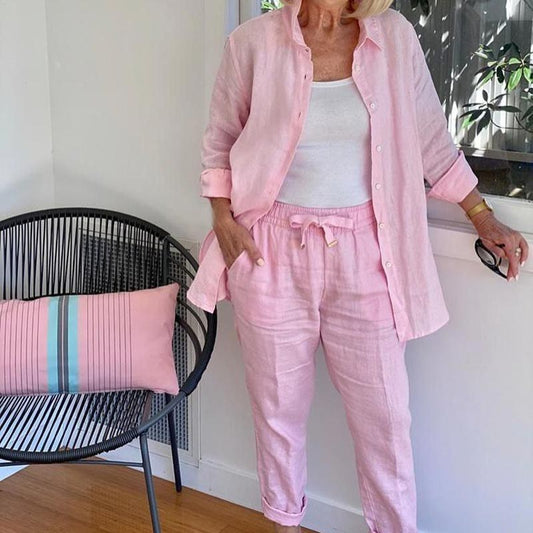 Zélie Women's Linen Two-Piece Set Button Shirt & Drawstring Trousers in Pink