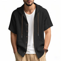 Zeno Breathable Linen Blend Shirt with Short Sleeve and Button Front in Black