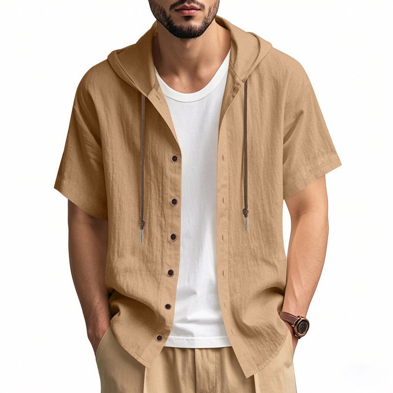 Zeno Breathable Linen Blend Shirt with Short Sleeve and Button Front in Brown