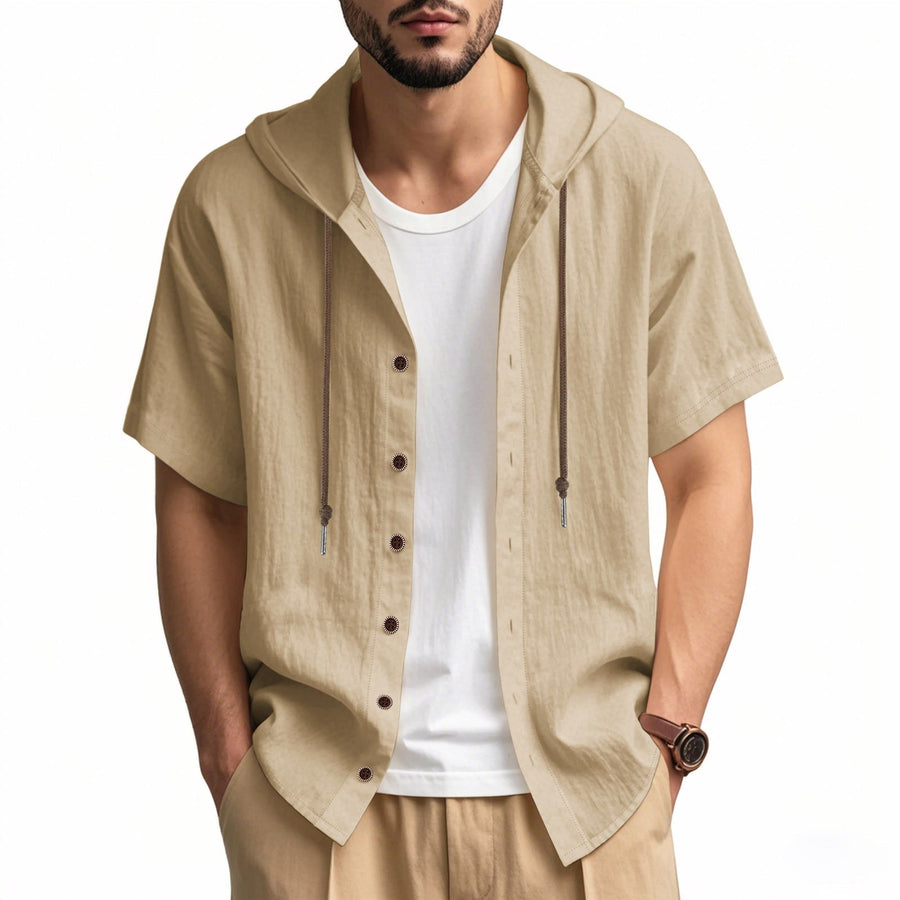 Zeno Breathable Linen Blend Shirt with Short Sleeve and Button Front in Khaki
