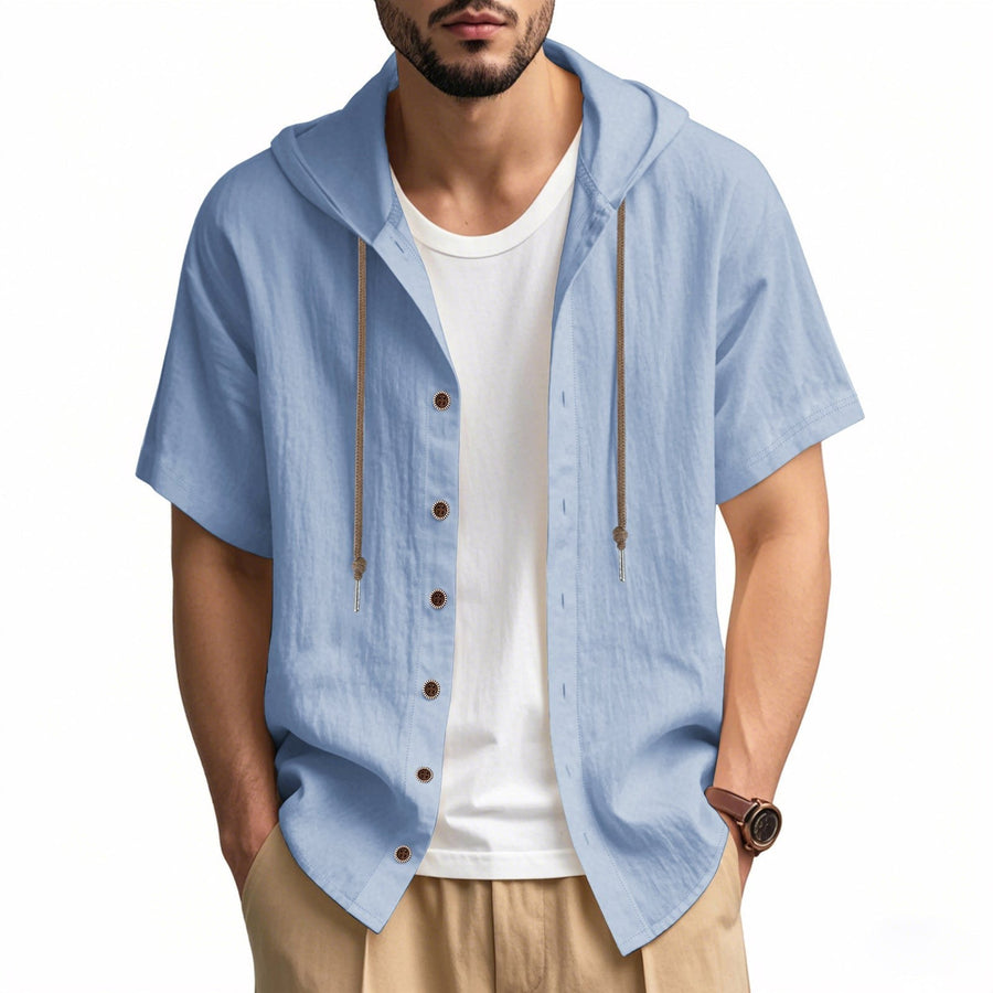 Zeno Breathable Linen Blend Shirt with Short Sleeve and Button Front in Light Blue
