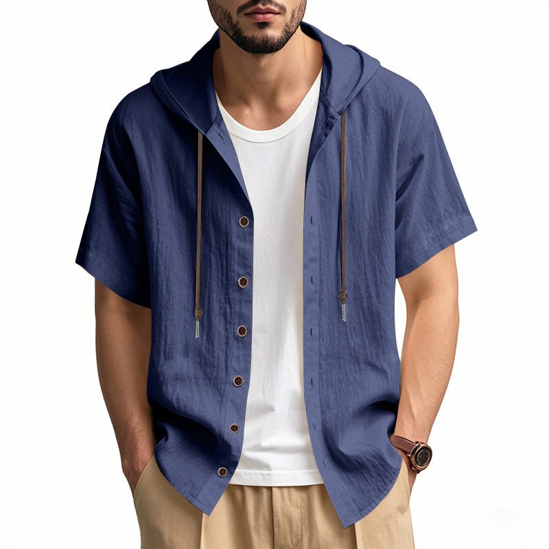 Zeno Breathable Linen Blend Shirt with Short Sleeve and Button Front in Navy