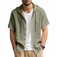 Zeno Breathable Linen Blend Shirt with Short Sleeve and Button Front in Olive