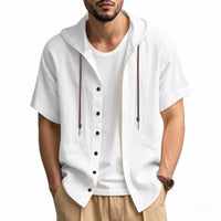 Zeno Breathable Linen Blend Shirt with Short Sleeve and Button Front in White