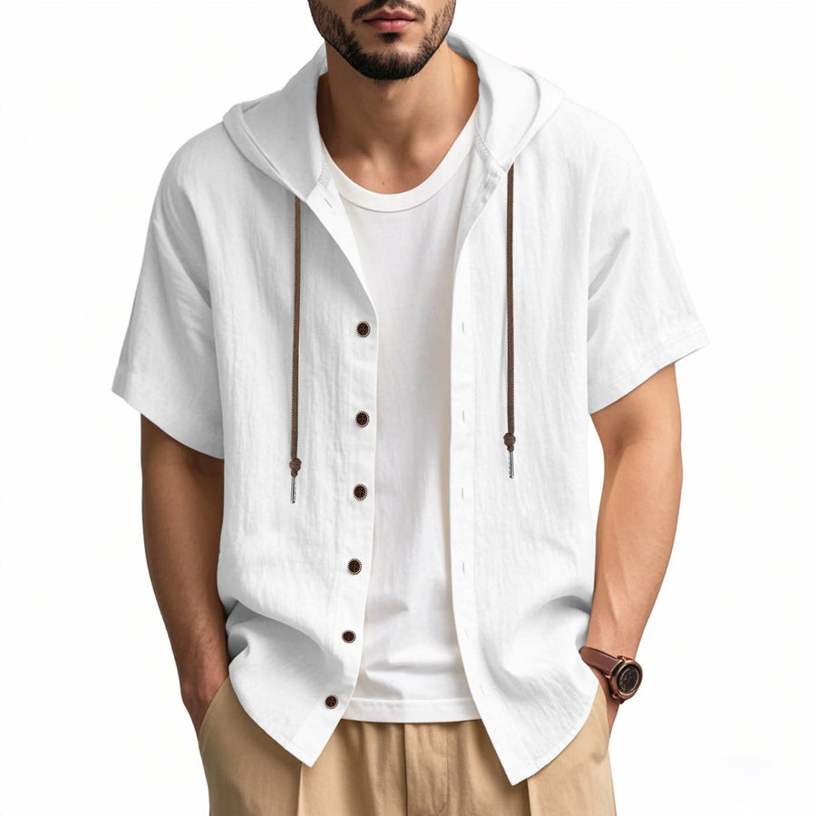 Zeno Breathable Linen Blend Shirt with Short Sleeve and Button Front in White